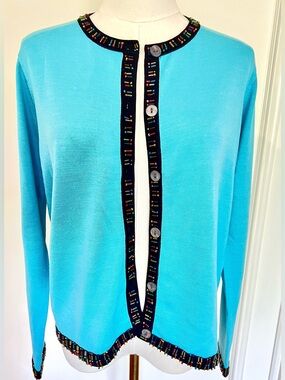 Michael Simon Teal Silk Cardigan Hand Beaded Trim Collectible Sz M‎